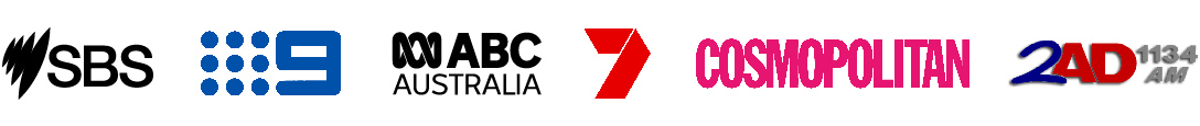 Logos for the following organisations: SBS, ABC, Channel 9, Channel 7, Cosmopolitan and 2AD Radio.