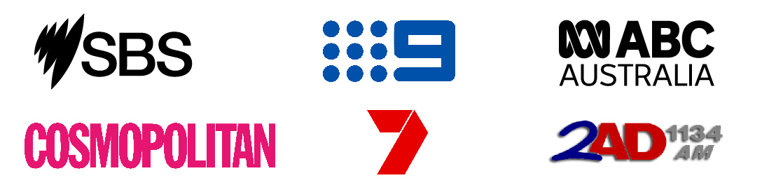 Logos for the following organisations: SBS, ABC, Channel 9, Channel 7, Cosmopolitan and 2AD Radio.