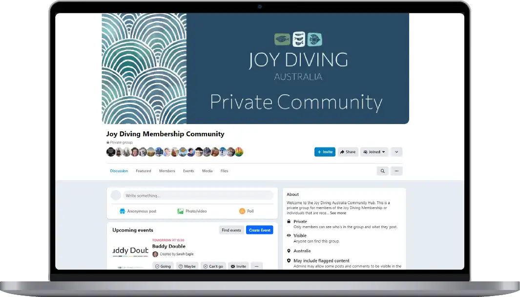 Screen showing a preview of Joy Diving Australia Community Hub on a laptop